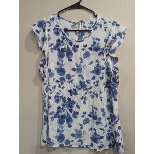 China blue floral print women's sleeveless shell blouse size aprox XL